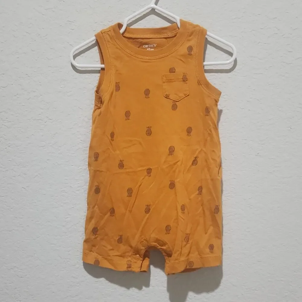 Carter's Baby Romper 12M 2PC Orange Brown Pineapple Button Outfit Set - Picture 2 of 14